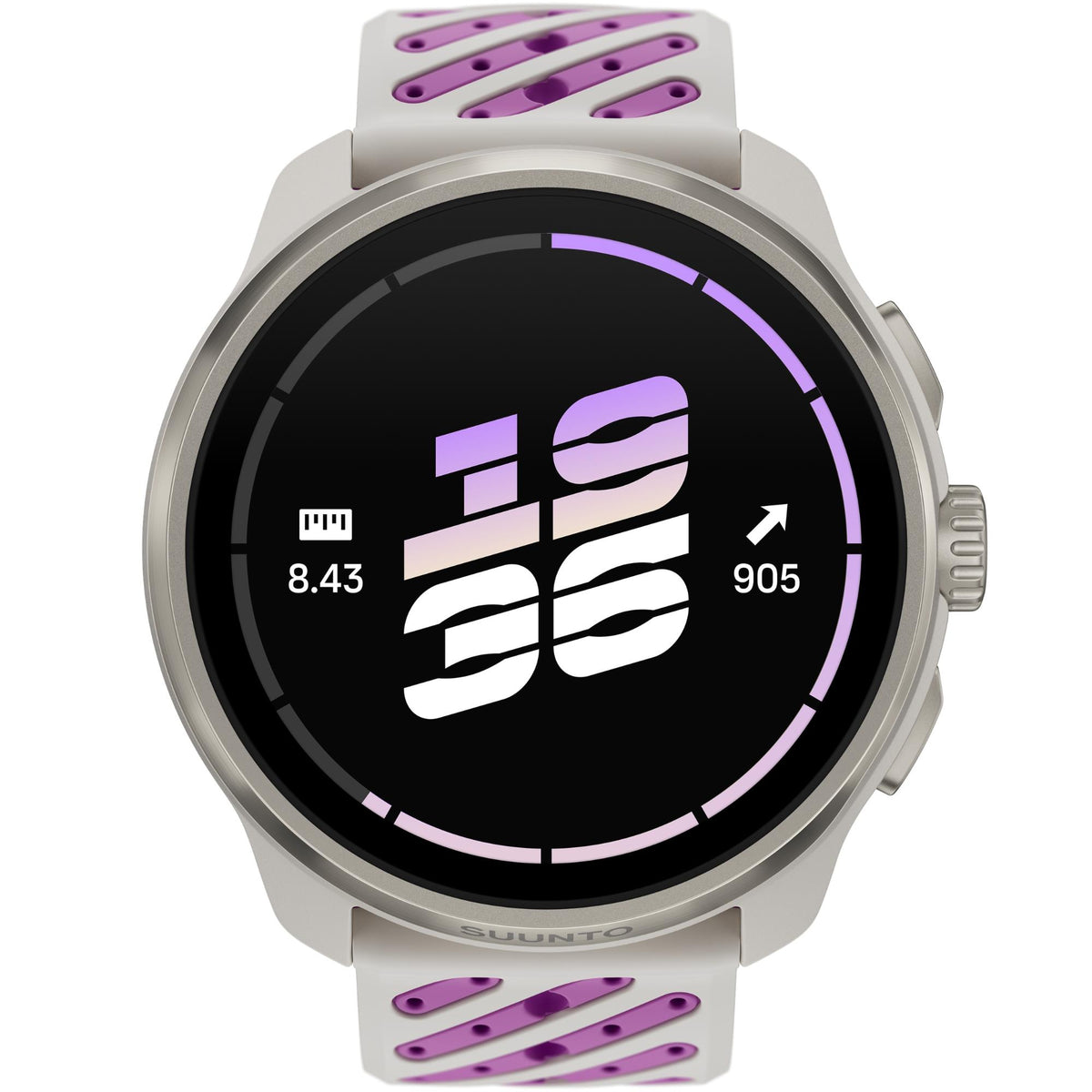 Suunto Race 3S SS051647000 front view featuring digital AMOLED display face, titanium bezel, and orchid silicone strap