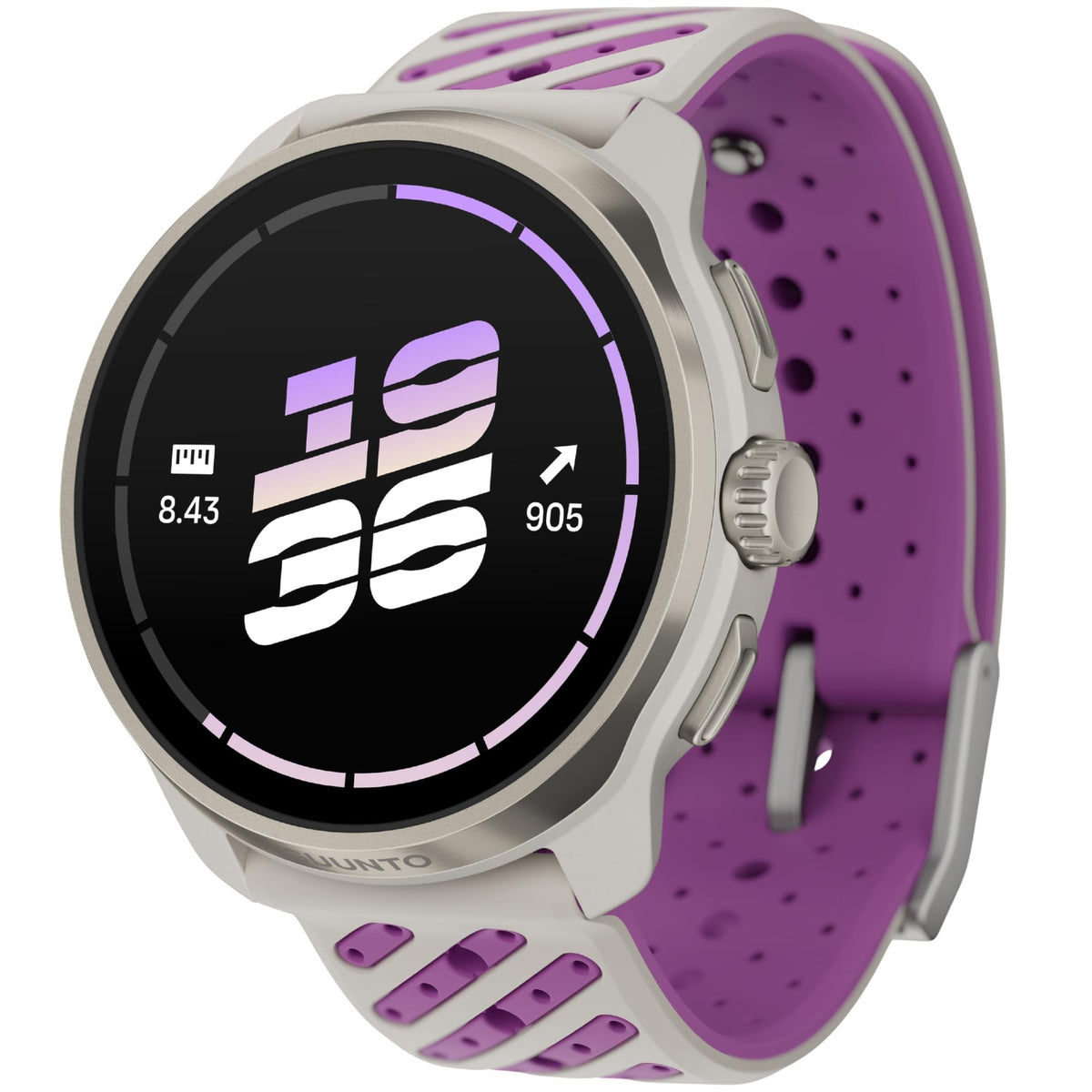 Suunto Race 3S SS051647000 angled view displaying digital clock display on AMOLED screen and side control crown