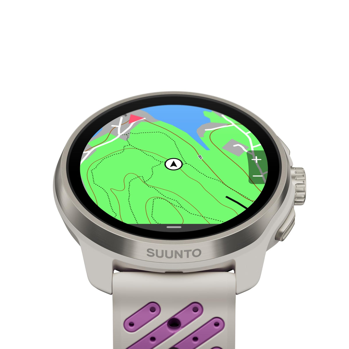 Suunto Race 3S SS051647000 angled view showing topographic map navigation interface on digital screen