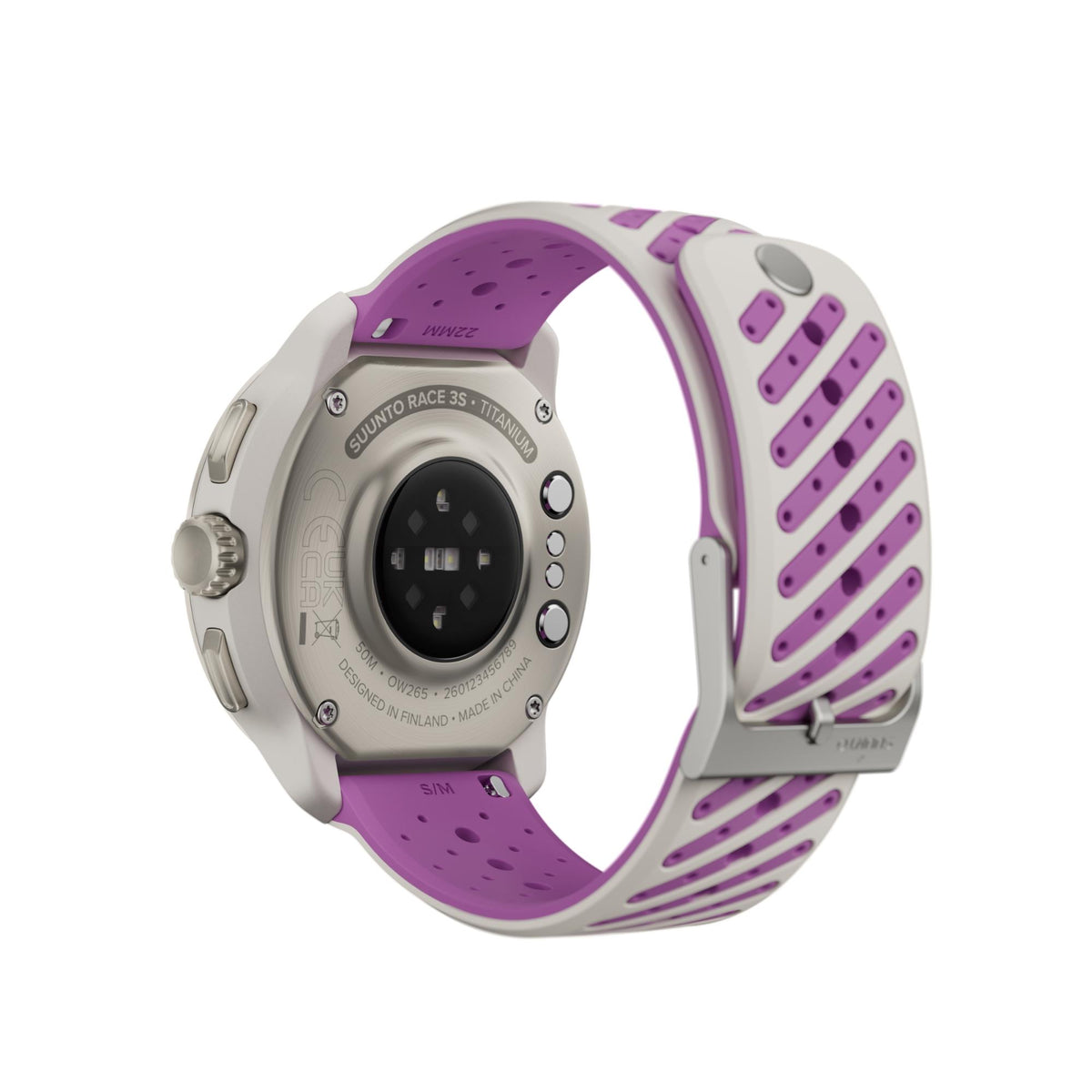 Suunto Race 3S SS051647000 angled rear view displaying heart rate sensor array on back case and ventilated silicone strap buckle