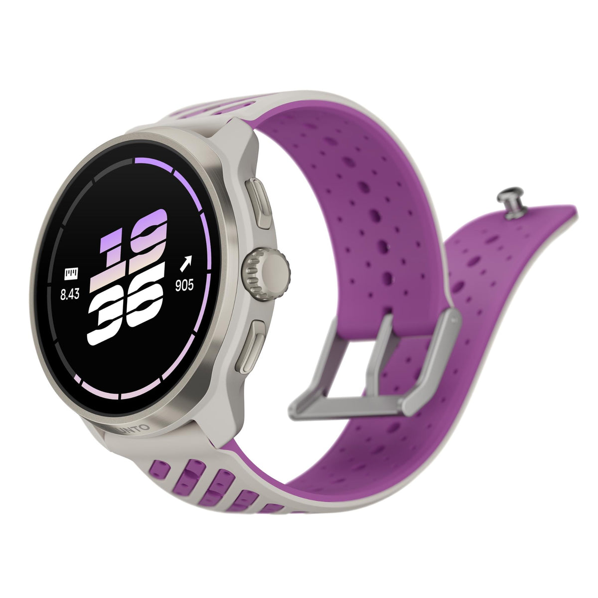 Suunto Race 3S SS051647000 studio view displaying digital screen, titanium bezel, and unbuckled orchid silicone strap