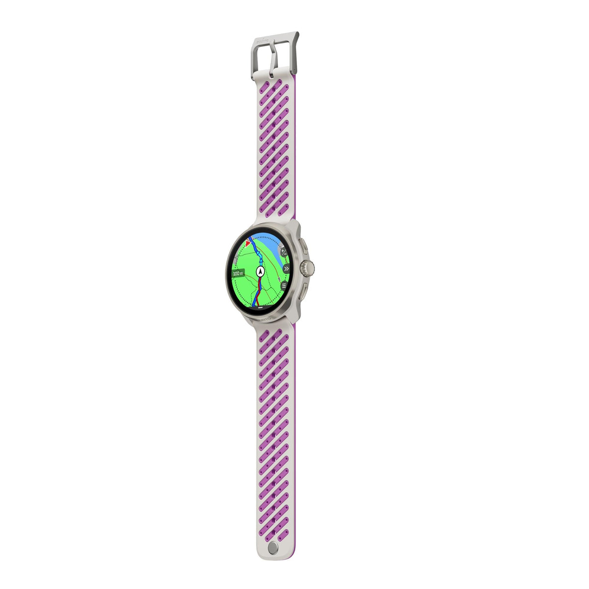 Suunto Race 3S SS051647000 flat lay view displaying digital screen and extended orchid silicone strap