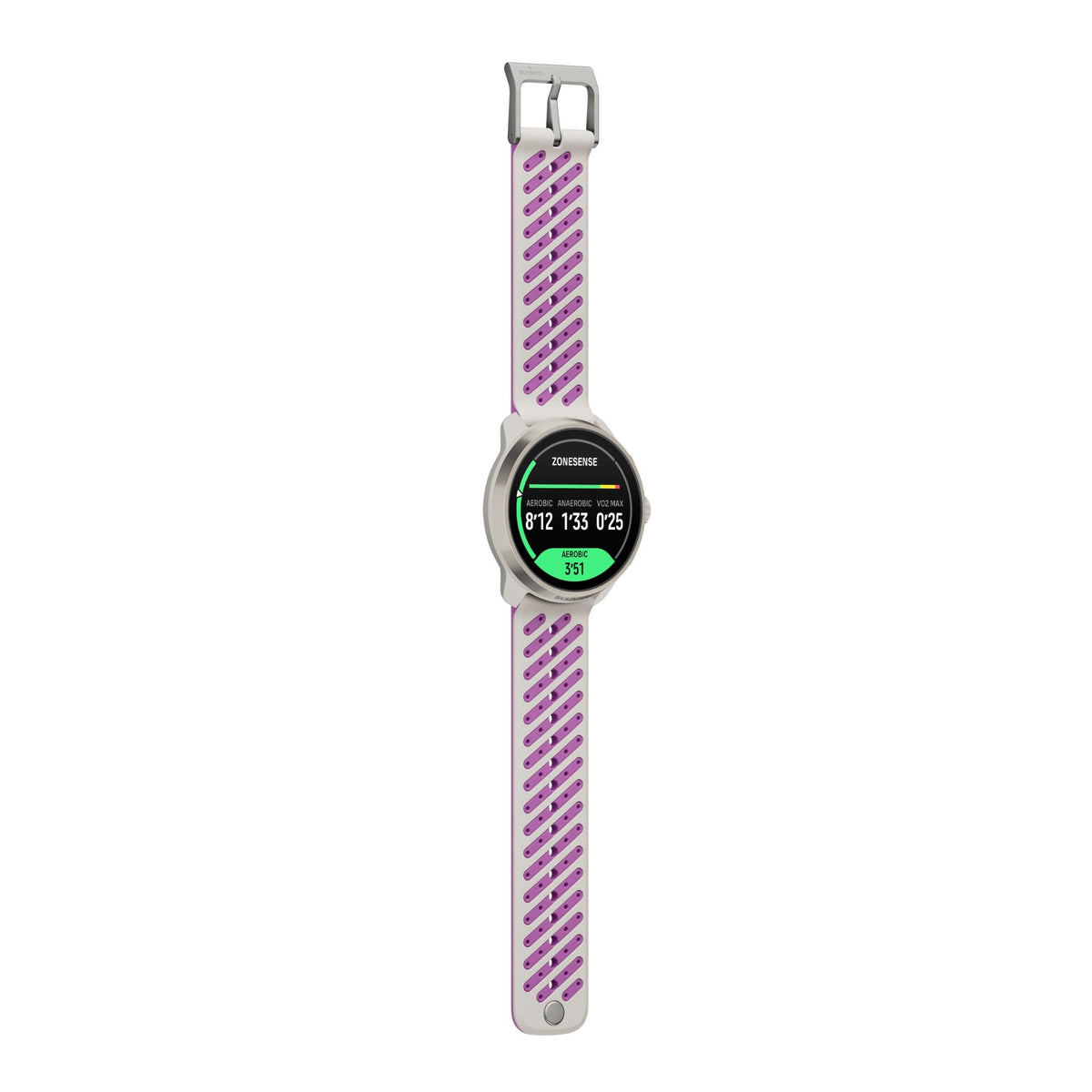 Suunto Race 3S SS051647000 flat lay view displaying performance tracking screen and unbuckled orchid silicone strap