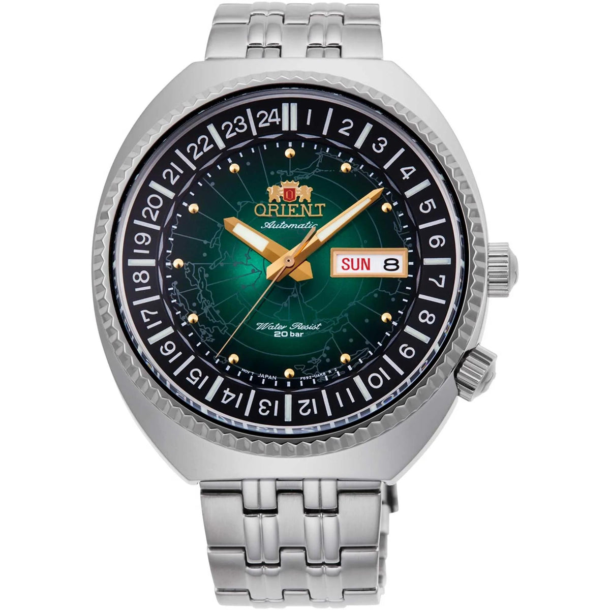 Orient World Map 43.5mm Green Dial Steel Mens Automatic Watch RA-AA0E02E39B