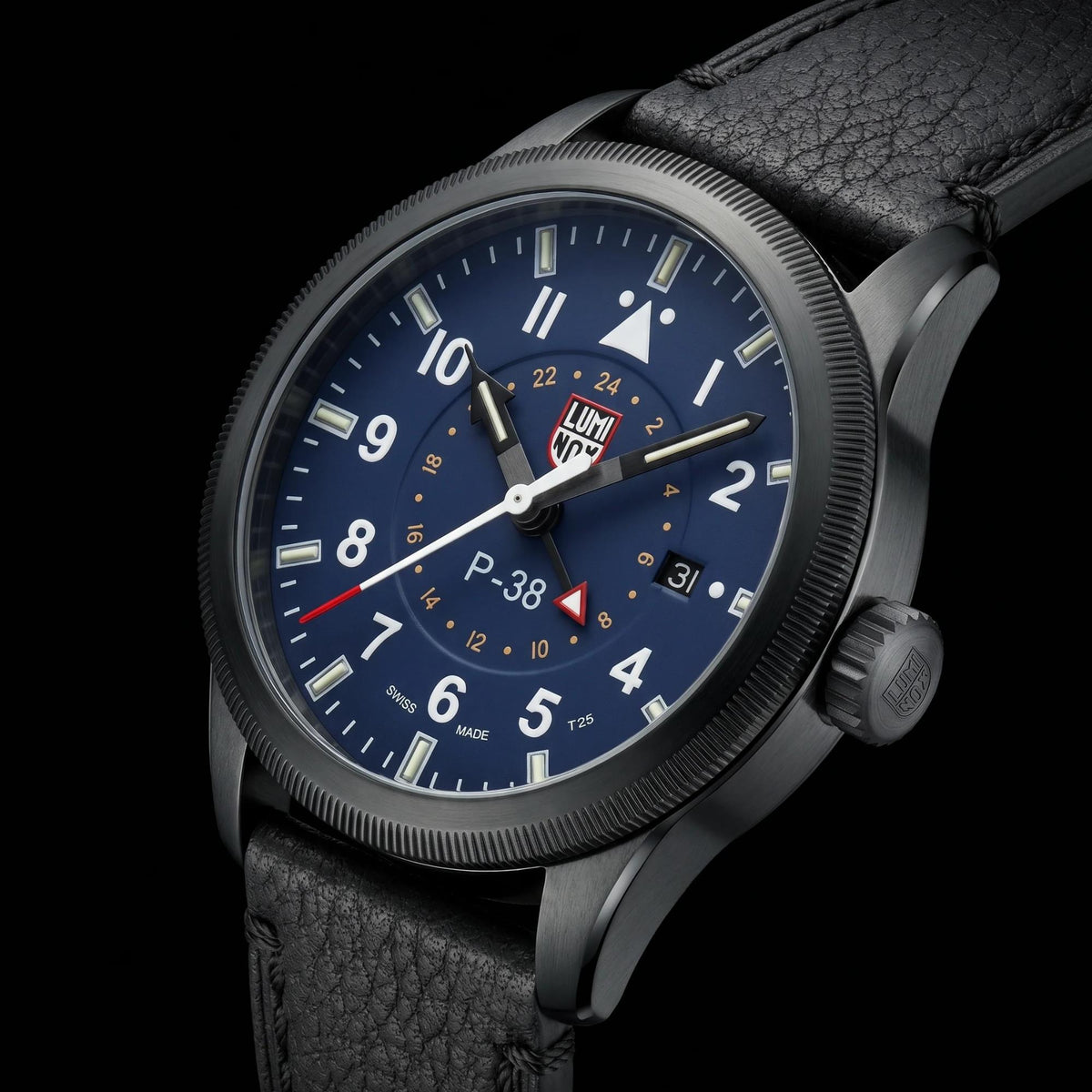 Luminox P-38 Lightning 'Air Pilot' 42mm GMT Blue Dial Leather Mens Quartz Watch XA.9523