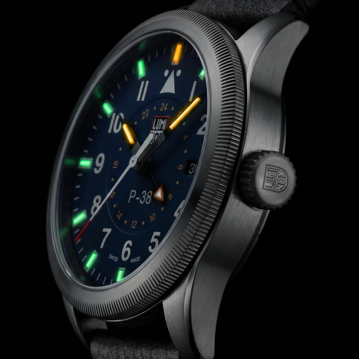 Luminox P-38 Lightning 'Air Pilot' 42mm GMT Blue Dial Leather Mens Quartz Watch XA.9523
