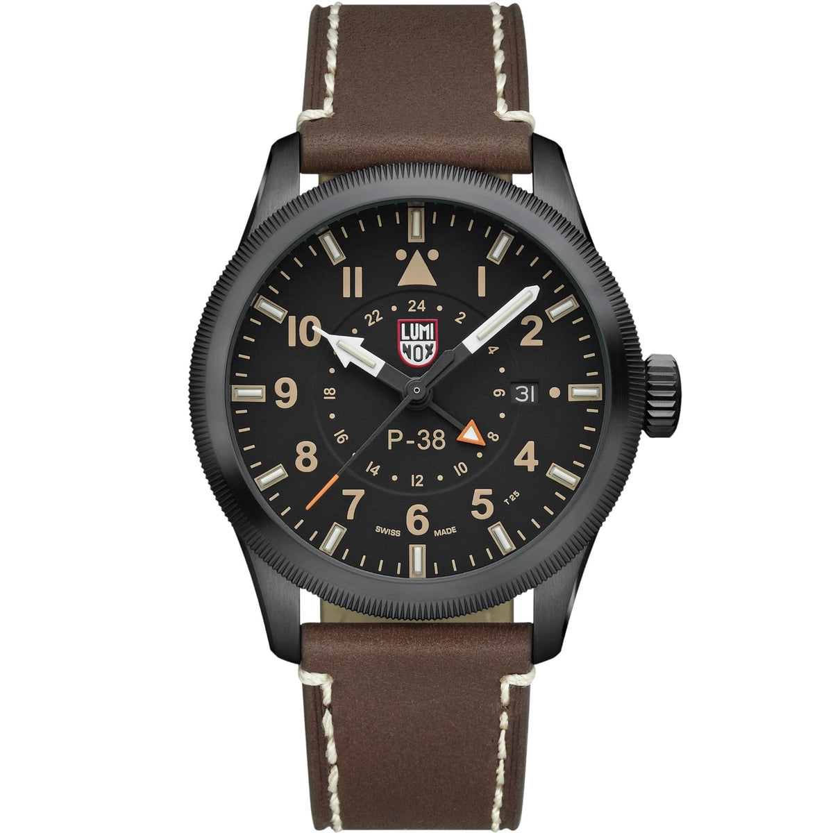Luminox P-38 Lightning 'Air Pilot' 42mm GMT Black Dial Leather Mens Quartz Watch XA.9526