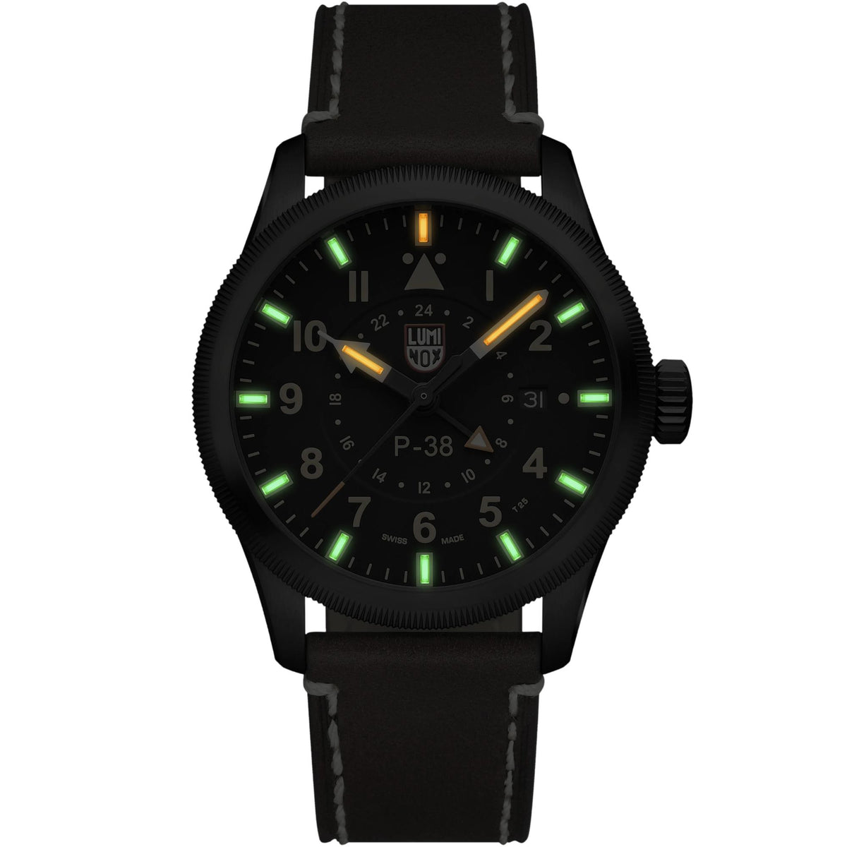 Luminox P-38 Lightning 'Air Pilot' 42mm GMT Black Dial Leather Mens Quartz Watch XA.9526