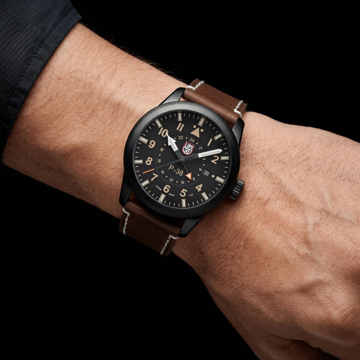 Luminox P-38 Lightning 'Air Pilot' 42mm GMT Black Dial Leather Mens Quartz Watch XA.9526