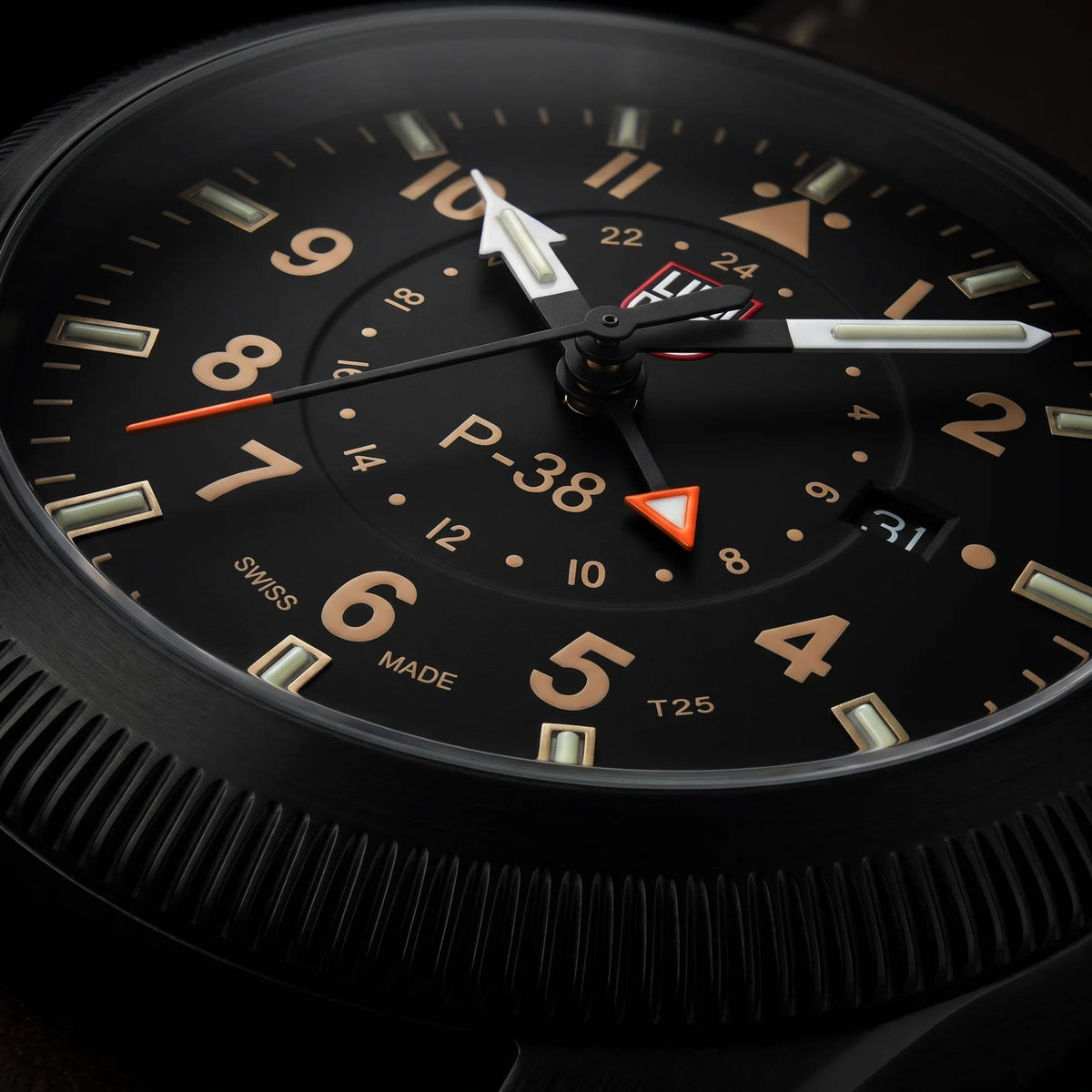Luminox P-38 Lightning 'Air Pilot' 42mm GMT Black Dial Leather Mens Quartz Watch XA.9526