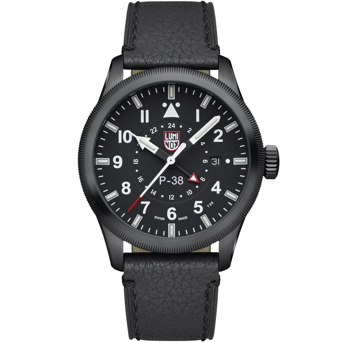 Luminox P-38 Lightning 'Air Pilot' 42mm GMT Black Dial Leather Mens Quartz Watch XA.9531