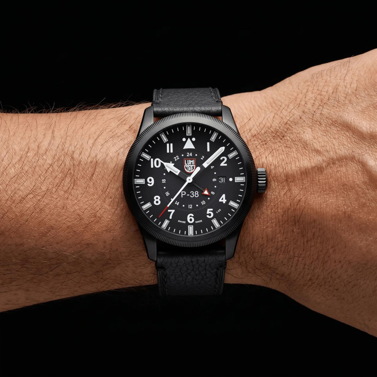 Luminox P-38 Lightning 'Air Pilot' 42mm GMT Black Dial Leather Mens Quartz Watch XA.9531