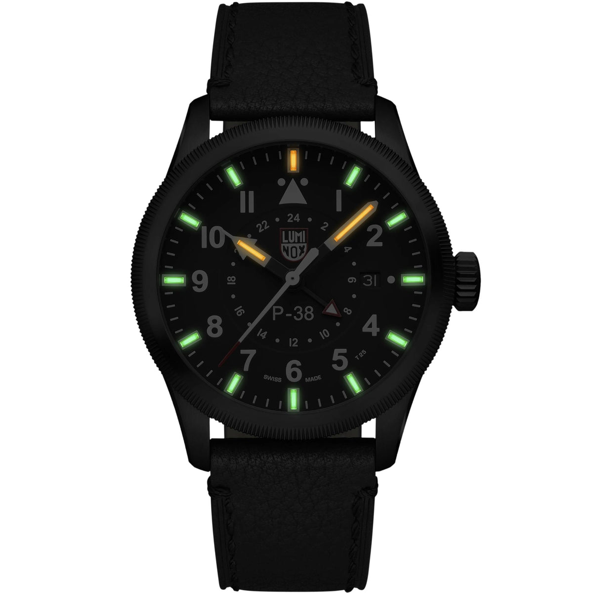 Luminox P-38 Lightning 'Air Pilot' 42mm GMT Black Dial Leather Mens Quartz Watch XA.9531