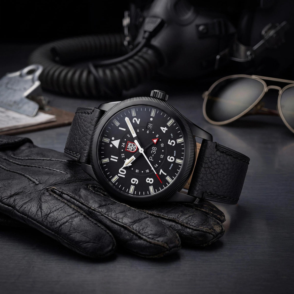 Luminox P-38 Lightning 'Air Pilot' 42mm GMT Black Dial Leather Mens Quartz Watch XA.9531