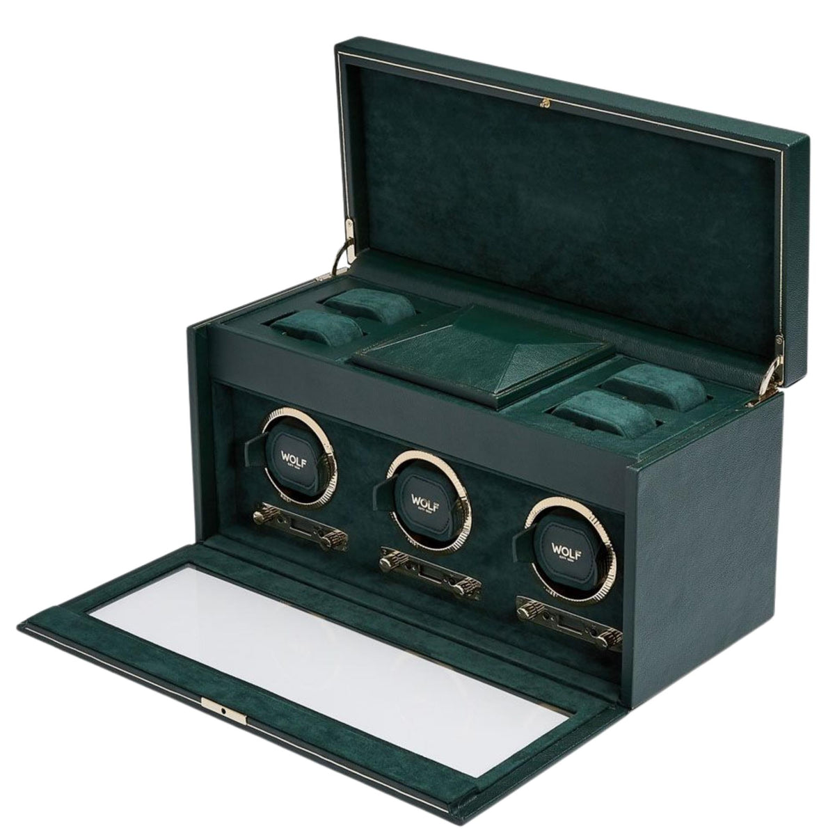 WOLF British Racing Green Triple Watch Winder with Storage 792341