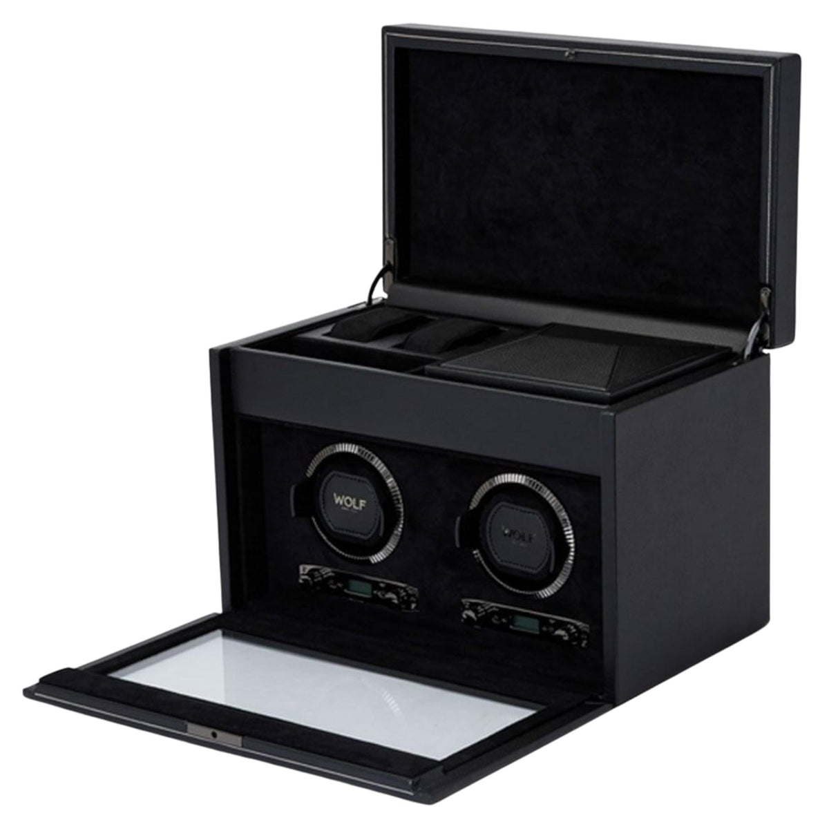 WOLF British Racing Black Double Watch Winder with Storage 792202
