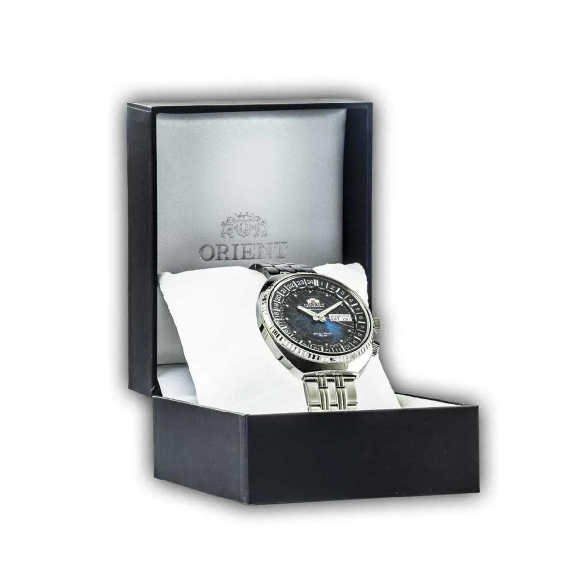 Orient World Map 43.5mm Blue Dial Steel Mens Automatic Watch RA-AA0E03L39B