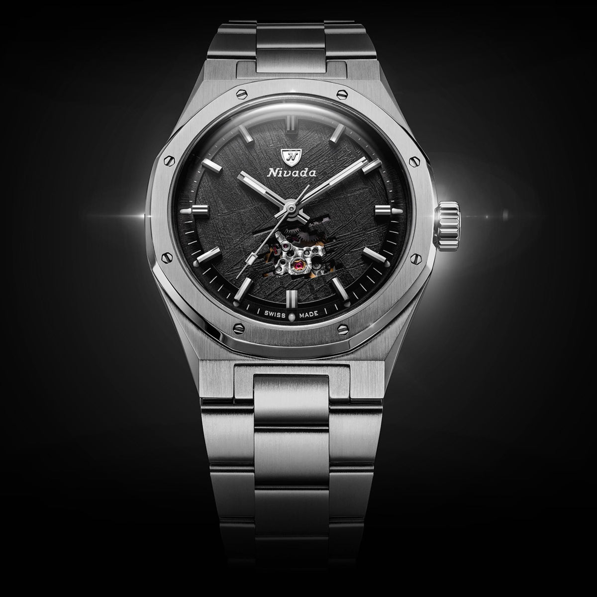 Nivada Grenchen F77 MK2 38mm Open Heart Meteorite Dial Titanium Mens Automatic Watch 68052A77