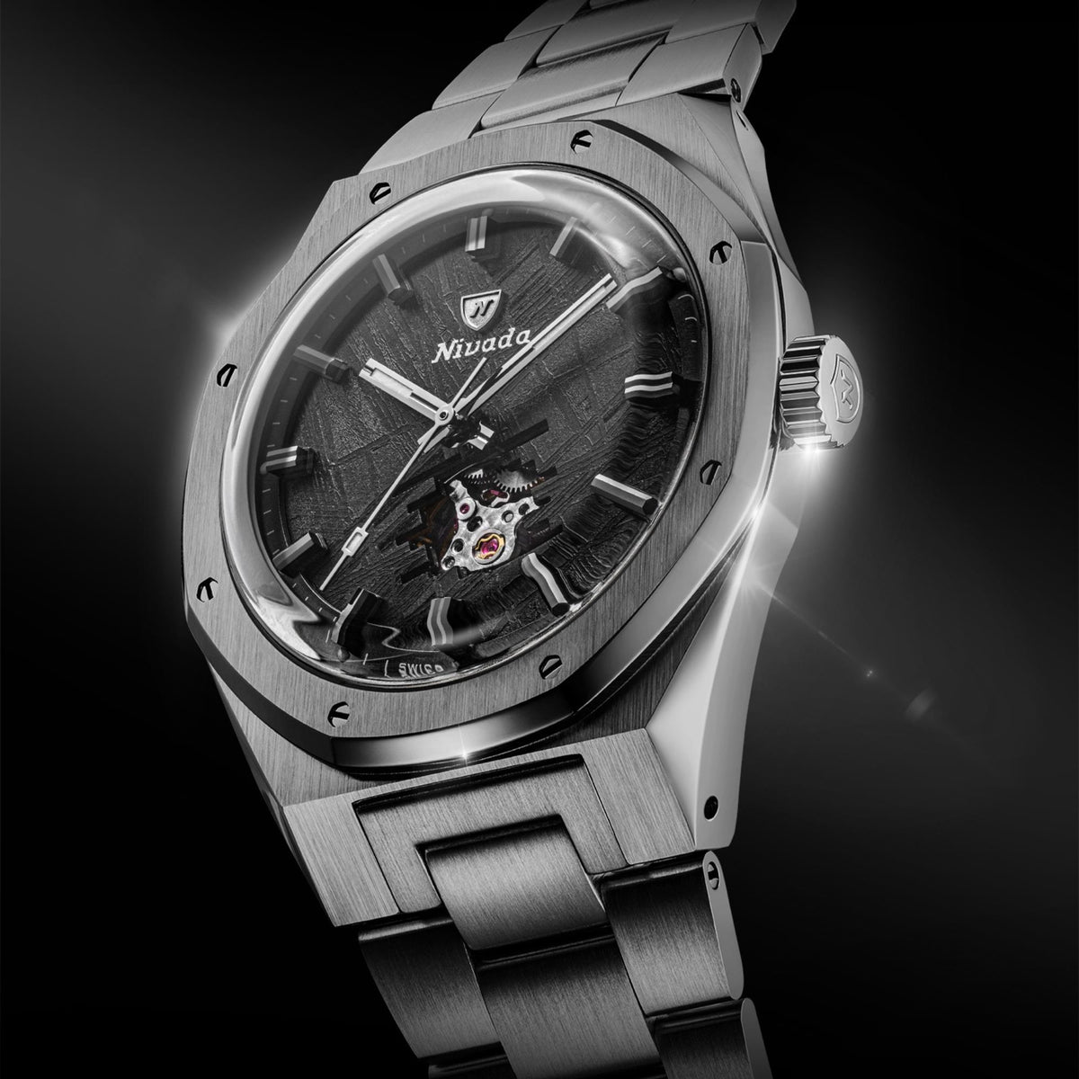 Nivada Grenchen F77 MK2 38mm Open Heart Meteorite Dial Titanium Mens Automatic Watch 68052A77