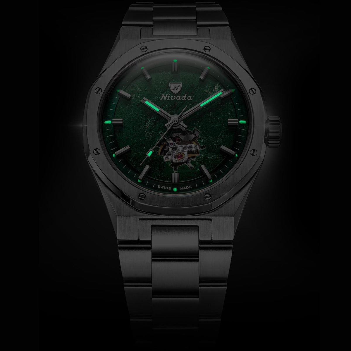 Nivada Grenchen F77 MK2 38mm Open Heart Aventurine Dial Titanium Mens Automatic Watch 68051A77