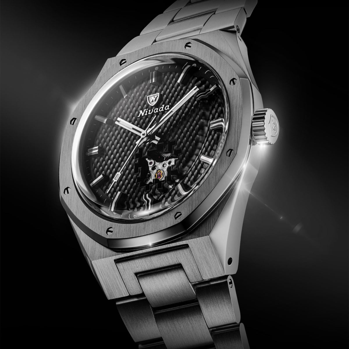 Nivada Grenchen F77 MK2 38mm Open Heart Black Tressed Dial Titanium Mens Automatic Watch 68023A77