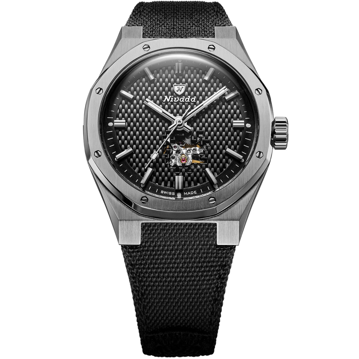 Nivada Grenchen F77 MK2 38mm Open Heart Black Tressed Dial Titanium Canvas Mens Automatic Watch 68023A77-BC