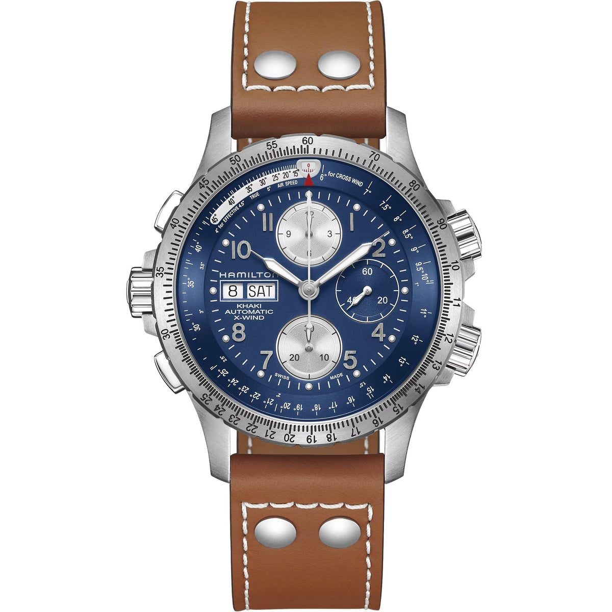 Hamilton Khaki Aviation X-Wind 44mm Chronograph Blue Dial Leather Mens Automatic Watch H77506540