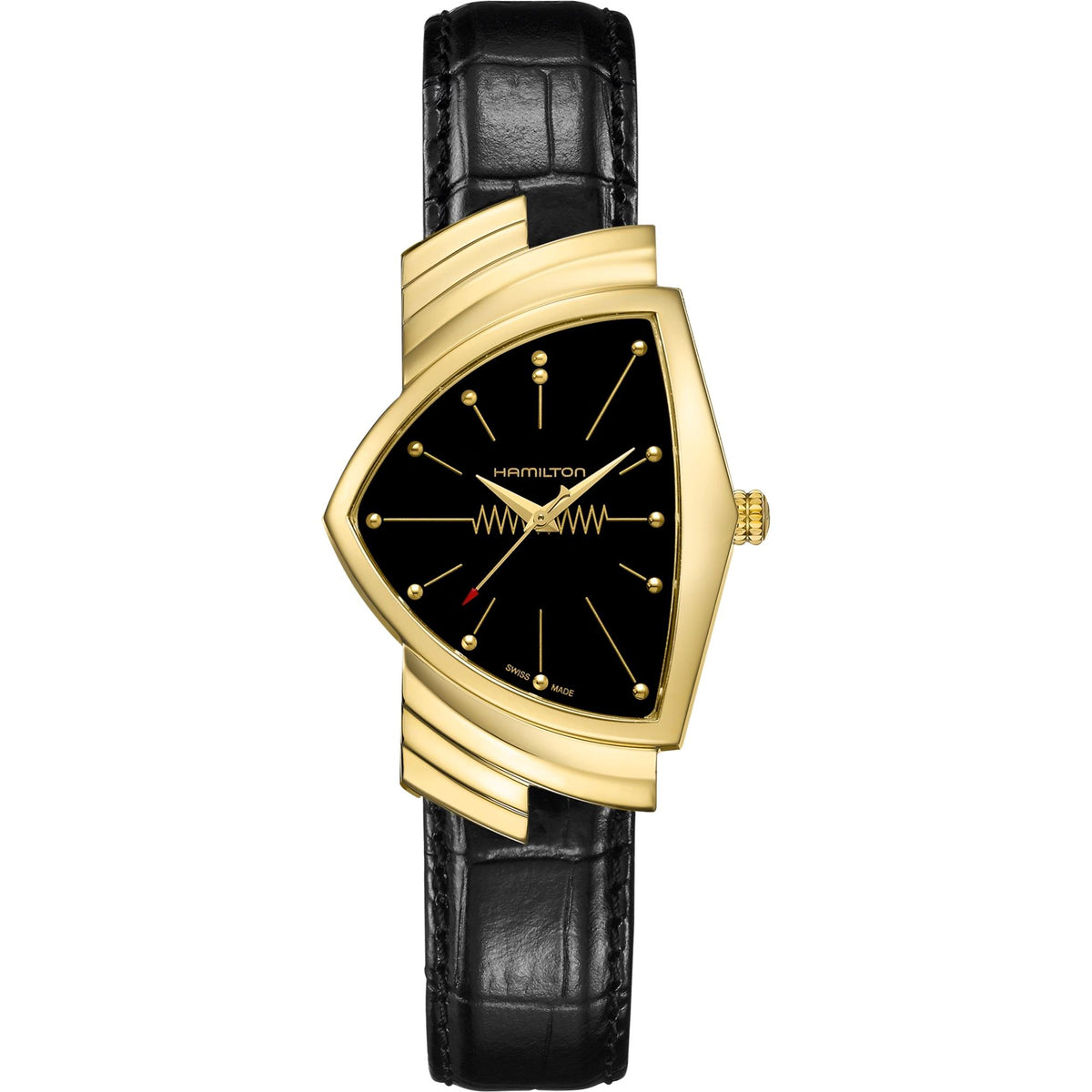 Hamilton Ventura 32mm Black Dial Yellow Gold-Tone Steel Leather Mens Quartz Watch H24301731