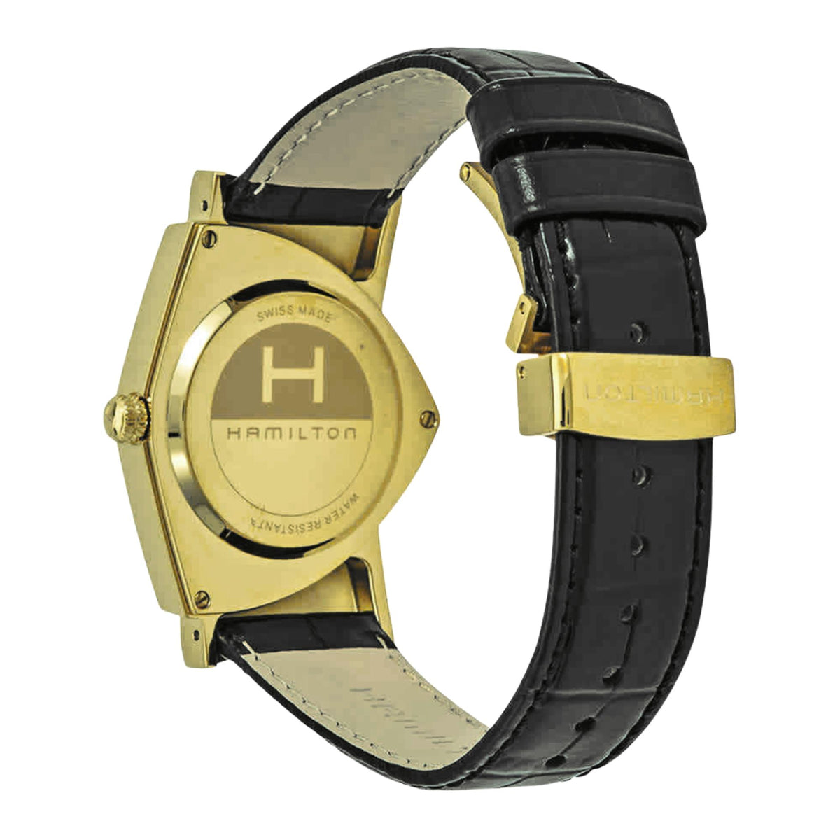 Hamilton Ventura 32mm Black Dial Yellow Gold-Tone Steel Leather Mens Quartz Watch H24301731