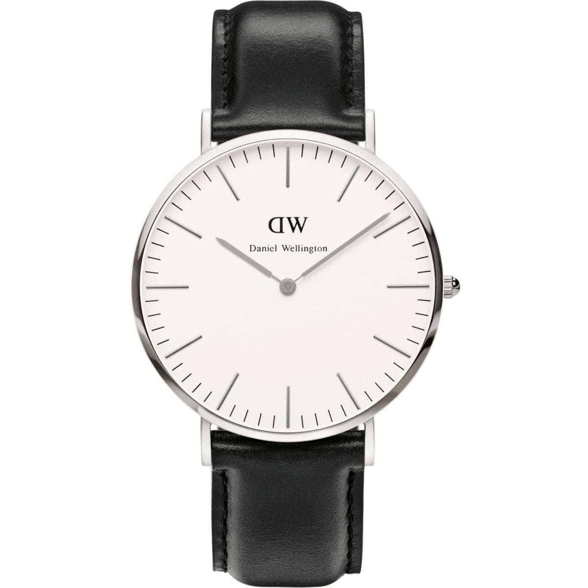 Men's quartz watch with white dial and black leather strap, round silver case