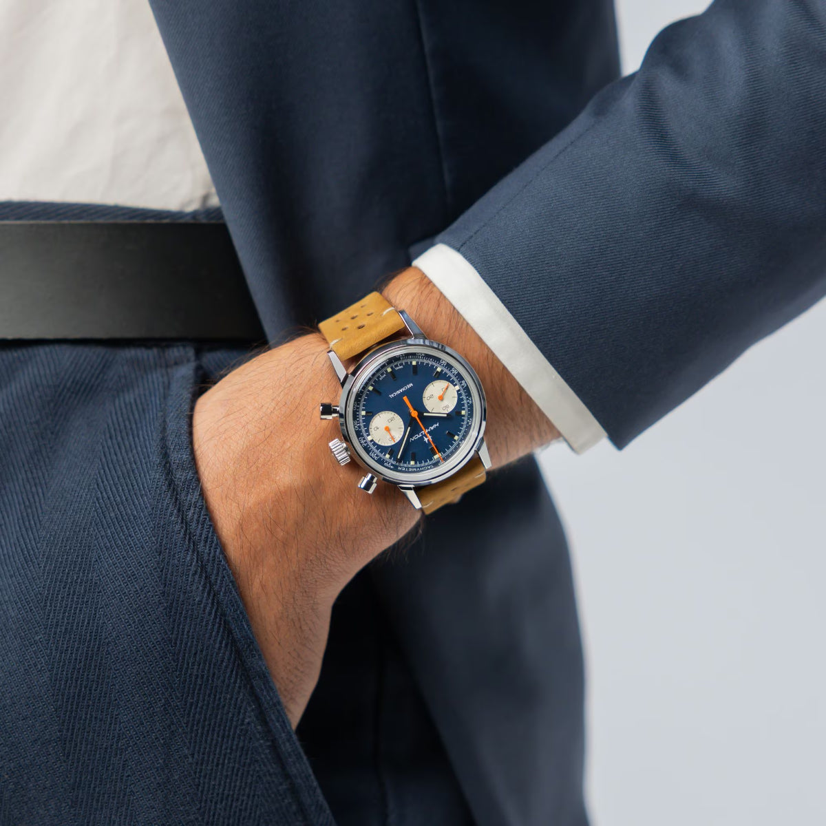Hamilton American Classic Intra-Matic Chrono H38429541 blue dial watch on wrist