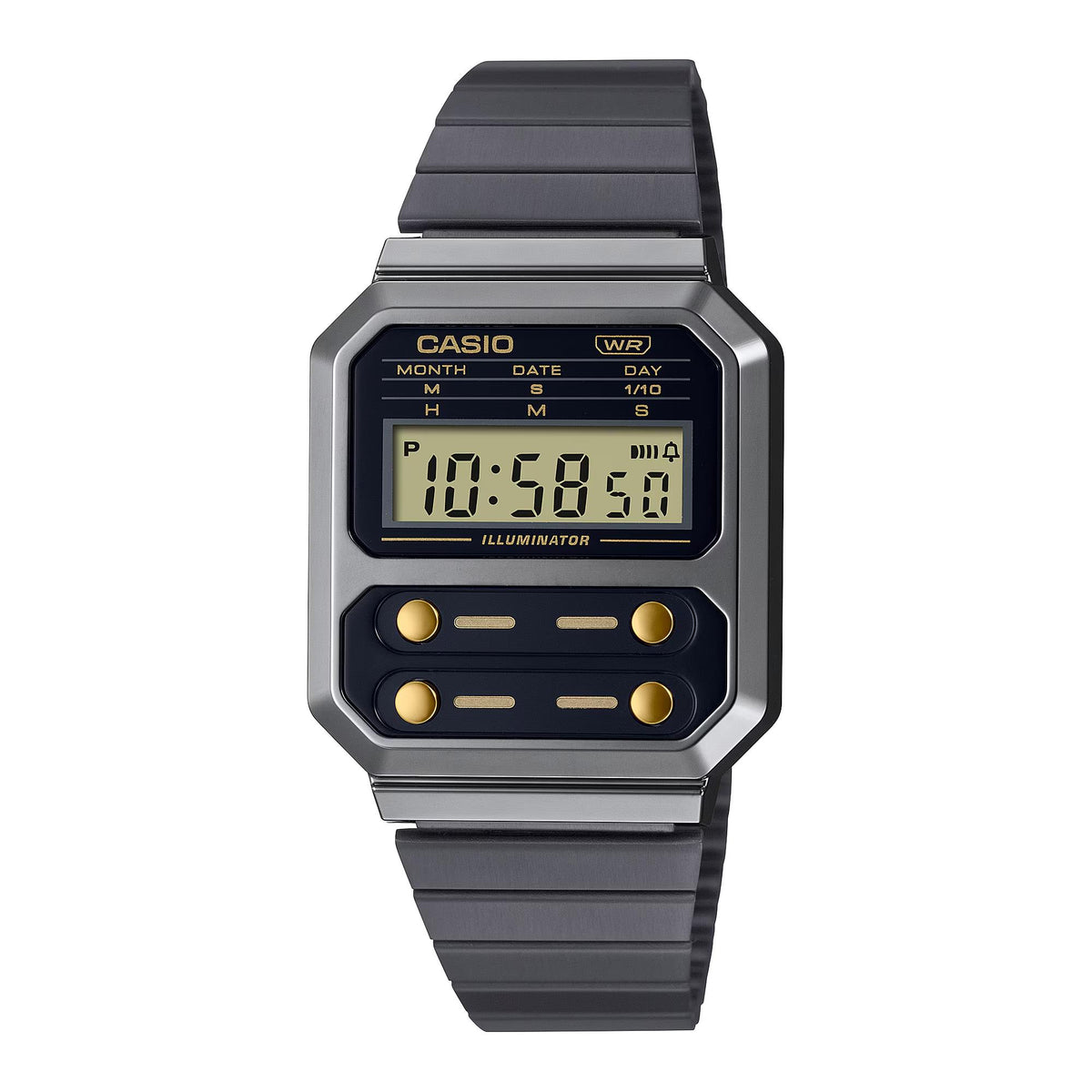 Casio digital quartz wristwatch with black resin strap and gold-tone accents