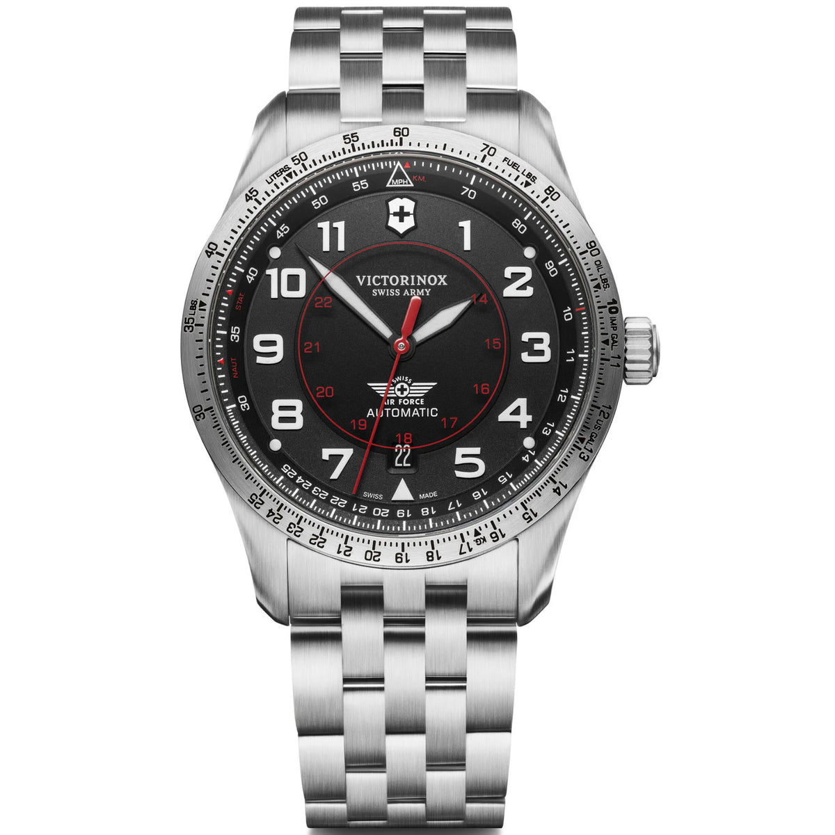 Men's steel automatic watch with black dial and stainless bracelet, round case
