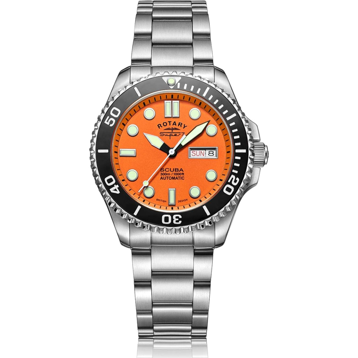 Men's stainless steel dive watch with orange dial, black ceramic bezel, and metal bracelet