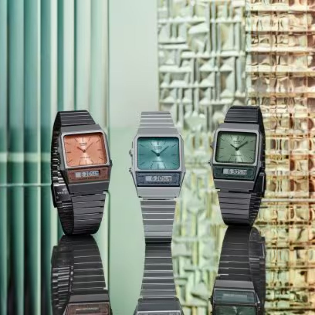 Casio Vintage Edgy series collection featuring peach, turquoise, and green dials