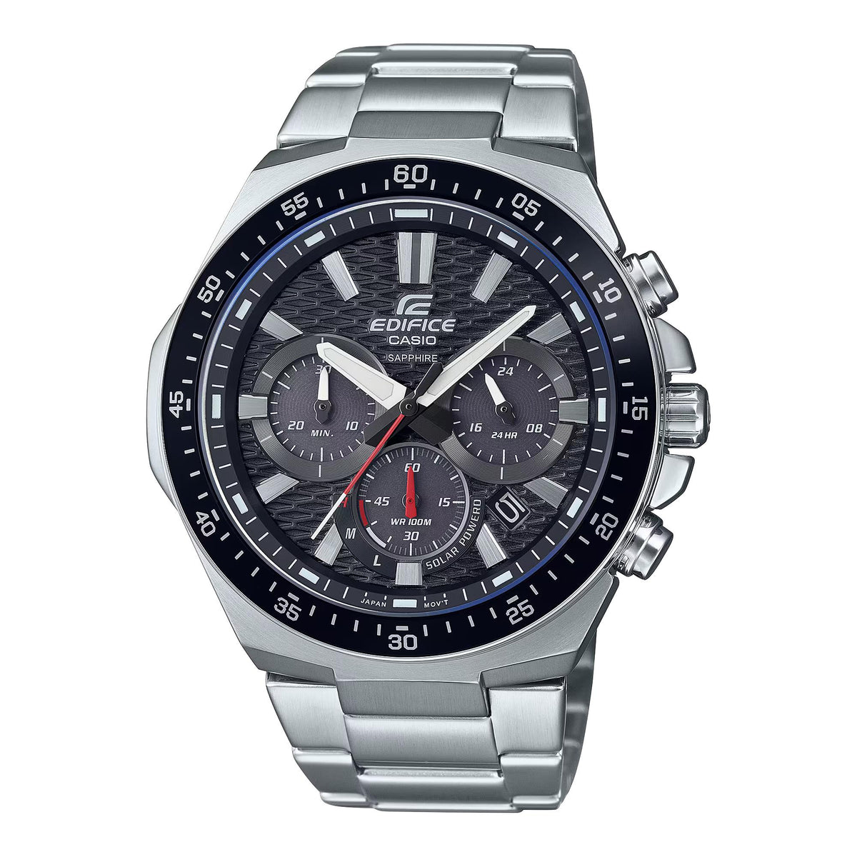 Men’s stainless steel solar chronograph watch with black dial, blue bezel, and metal bracelet