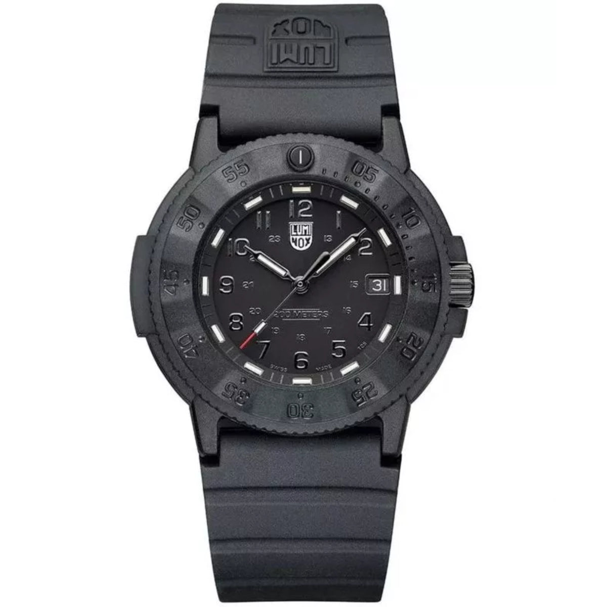 Front view of the all-black Luminox Navy SEAL 3000 Series XS.3001.EVO.BO.S tactical watch with black rubber strap