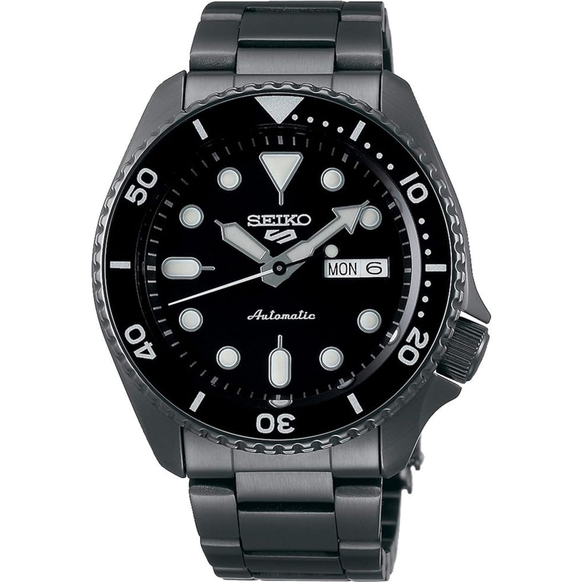 Men's automatic wristwatch with black dial, black bezel, and stainless bracelet; date window