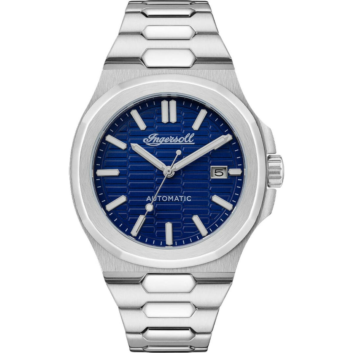 Men's stainless steel automatic watch with blue patterned dial and date window at 5