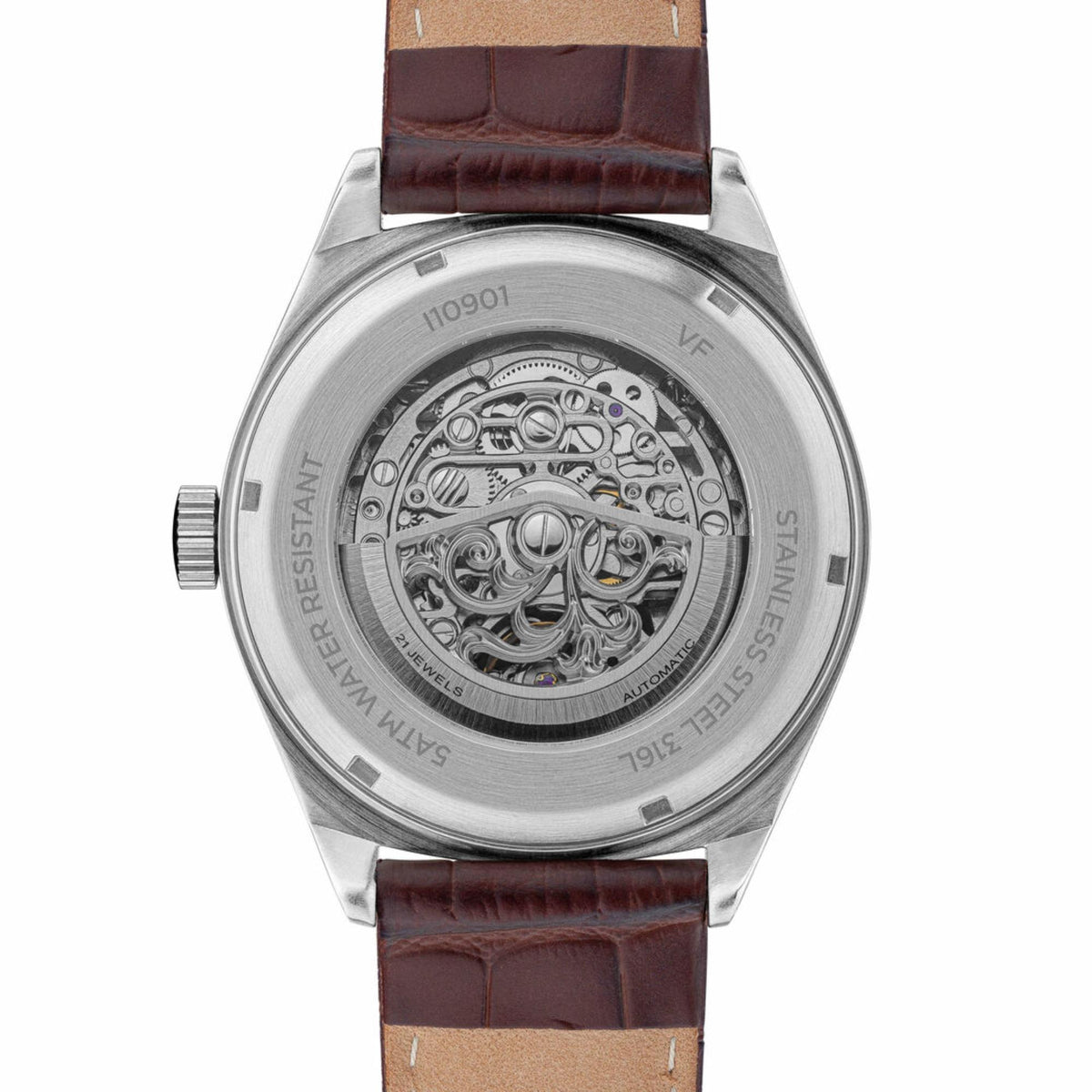 Automatic watch back with exposed movement and brown leather strap