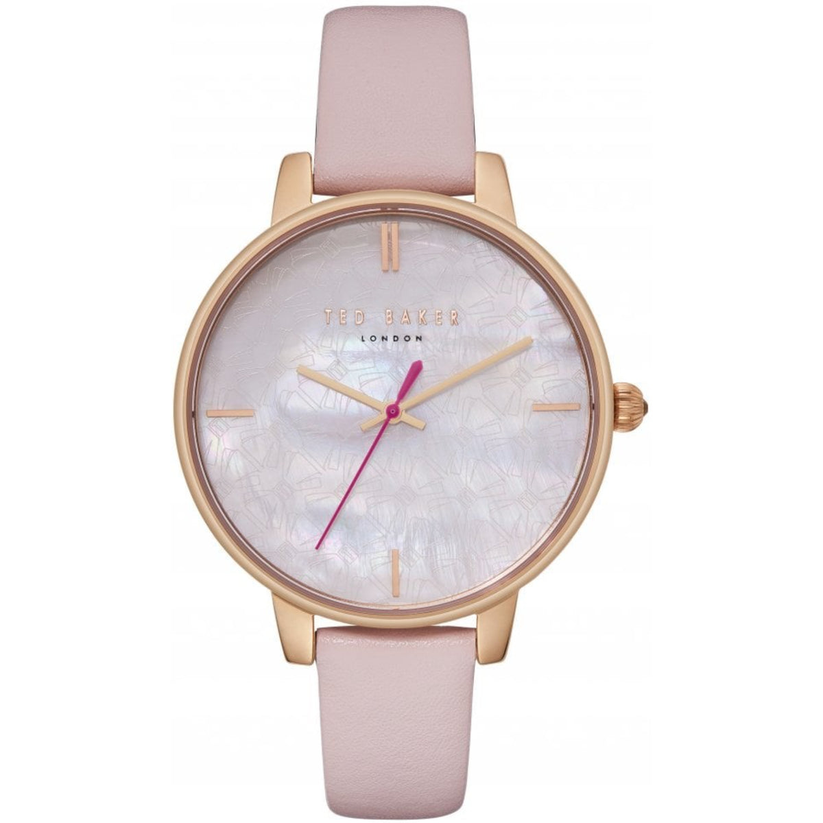 Ladies rose gold watch with pink leather strap, white dial, rose gold markers and hands