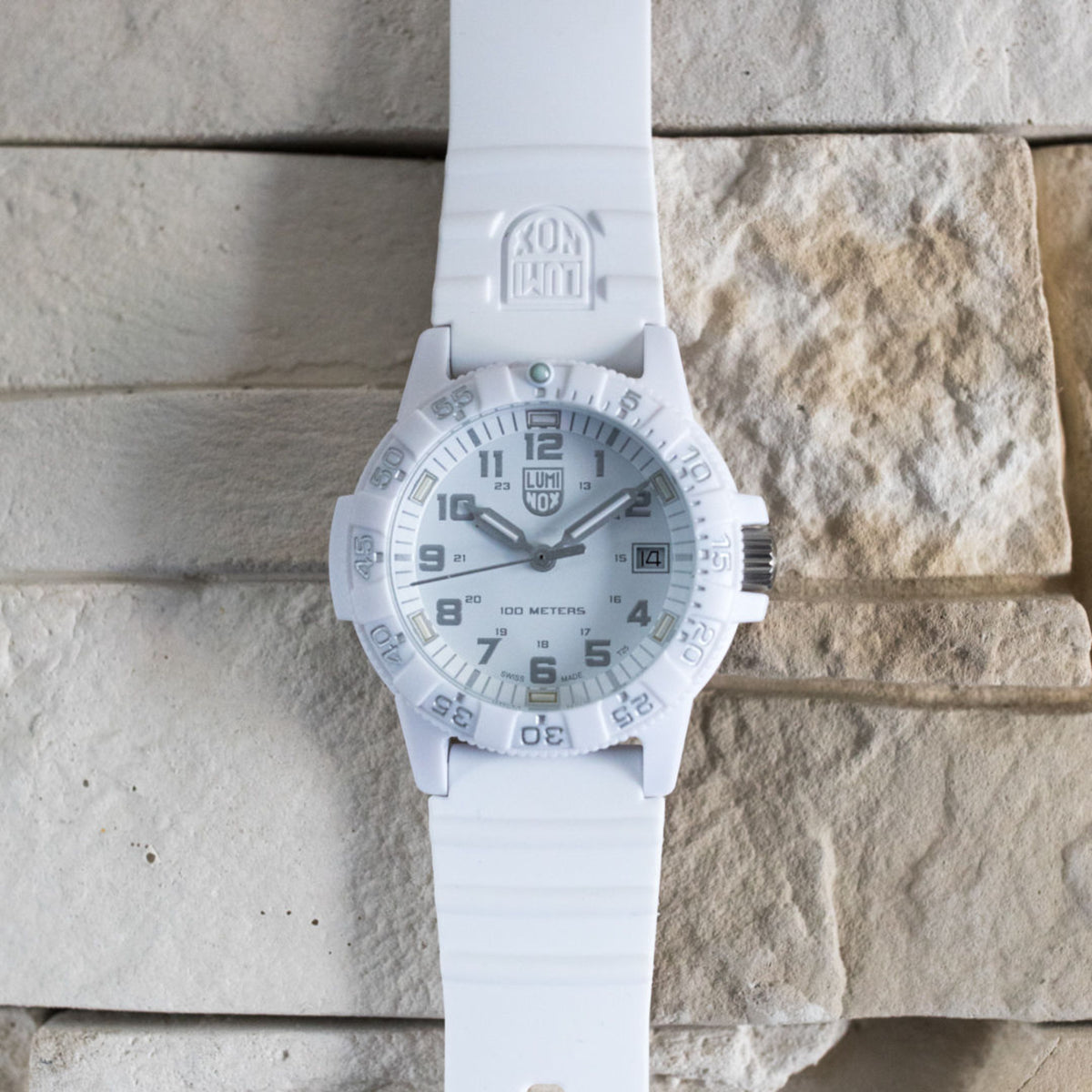 Luminox Leatherback Sea Turtle XS.0307.WO white dial lifestyle view against a stone background