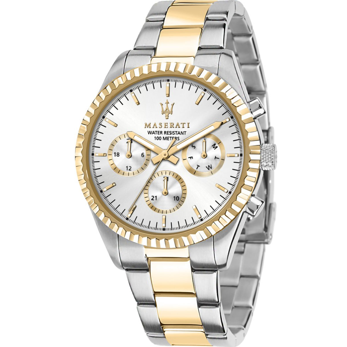 Two-tone steel men’s quartz chronograph watch with silver dial, gold bezel, and metal bracelet