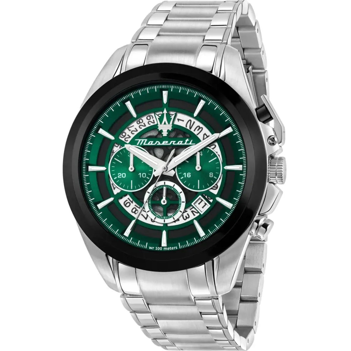 Men's stainless steel chronograph watch with green dial, black bezel, steel bracelet