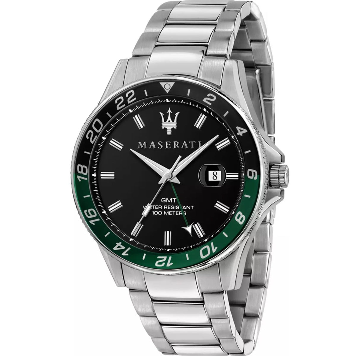 Men's Maserati GMT quartz watch with black dial, green bezel, and steel bracelet.