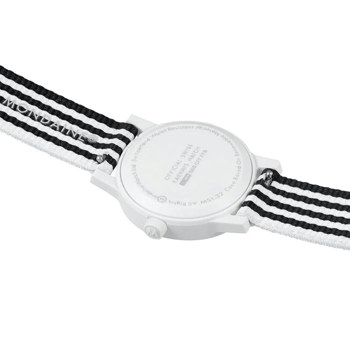 Watch case back on black-and-white striped fabric band