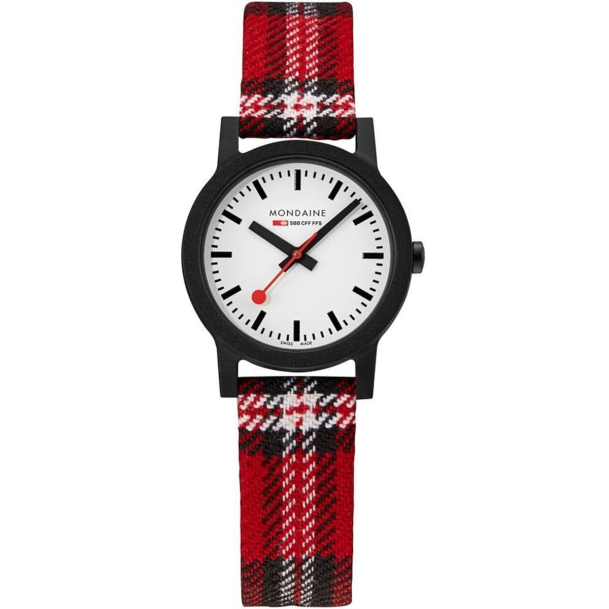 Quartz watch with white dial, black case, and red-and-black tartan fabric strap