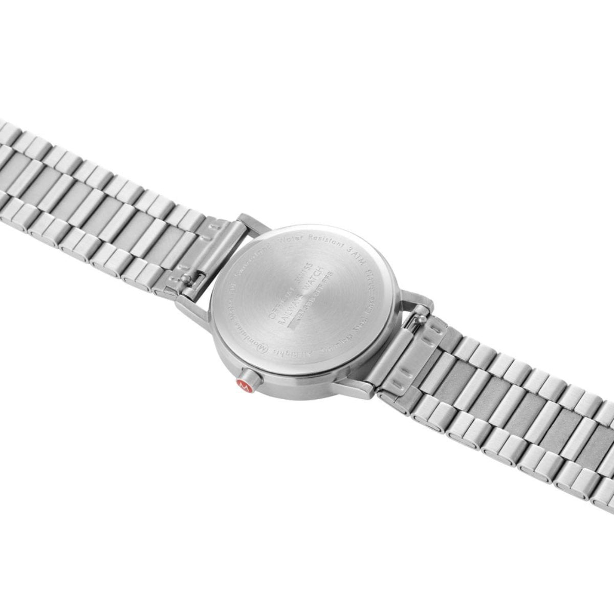 Stainless steel watch case back with metal bracelet links and fold-over clasp