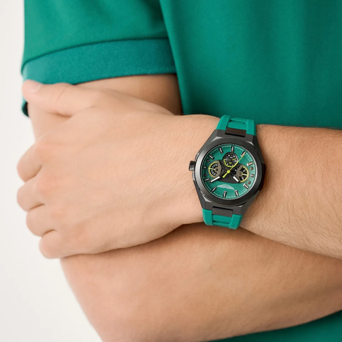Aston Martin men's green rubber strap sports chronograph watch with black case
