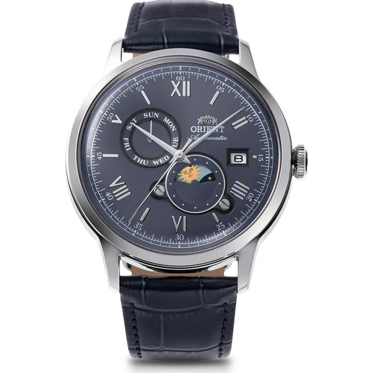 Orient Bambino 41.5mm RA-AK0806L30B sun & moon blue dial front view